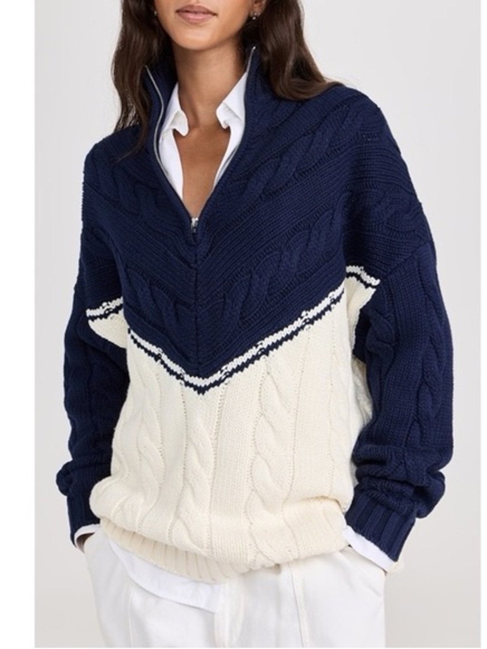 STAUD Navy and Cream Cable-Knit Half-Zip Turtleneck Sweater